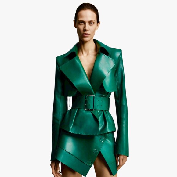Mugler - Belted Leather Biker Jacket - Emerald Size 38 FR, 6-8 US - Picture 5 of 12